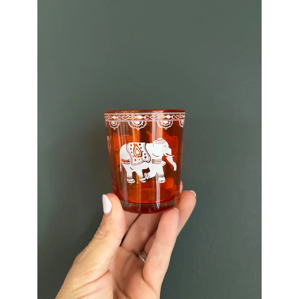 Cultural Intrigue Orange Glass Elephant Tea Light Candle Holder Boho Amber 3in